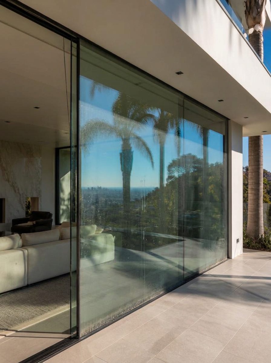 Dusty floor-to-ceiling glass at a Los Angeles hillside home before cleaning